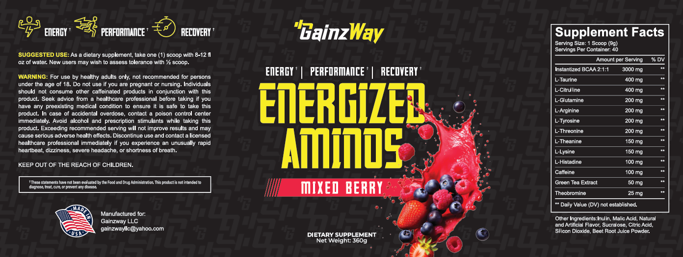 Gainzway Amino Acids Energized Powder, Mixed Berry Flavor, 360g – Supports Muscle Recovery & Energy